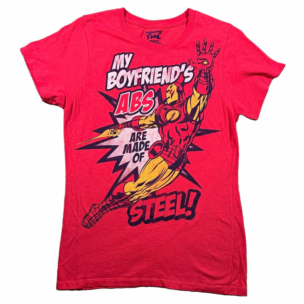 Marvel Iron Man Mighty Fine Shirt Red My Boyfriends Abs Made of Steel 2012 S
